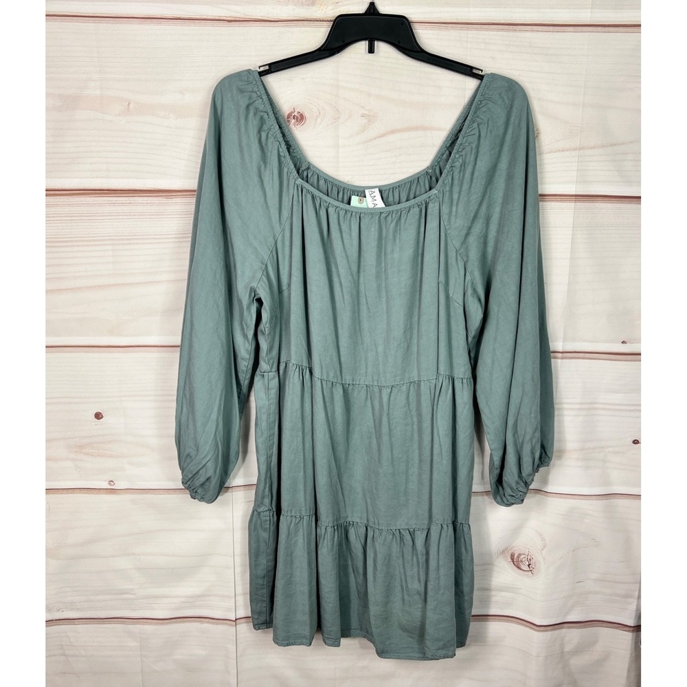 Amadi Dress Womens 1X Green Tiered Mini Long Sleeve Elastic Neck Pullover Solid